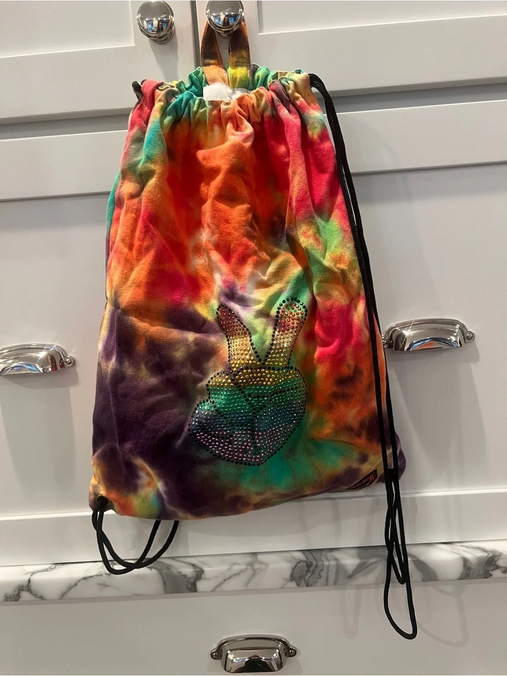 Undee Bandz Drawstring Backpack Tie Dyed with Multicolor Grommets Peace Symbol